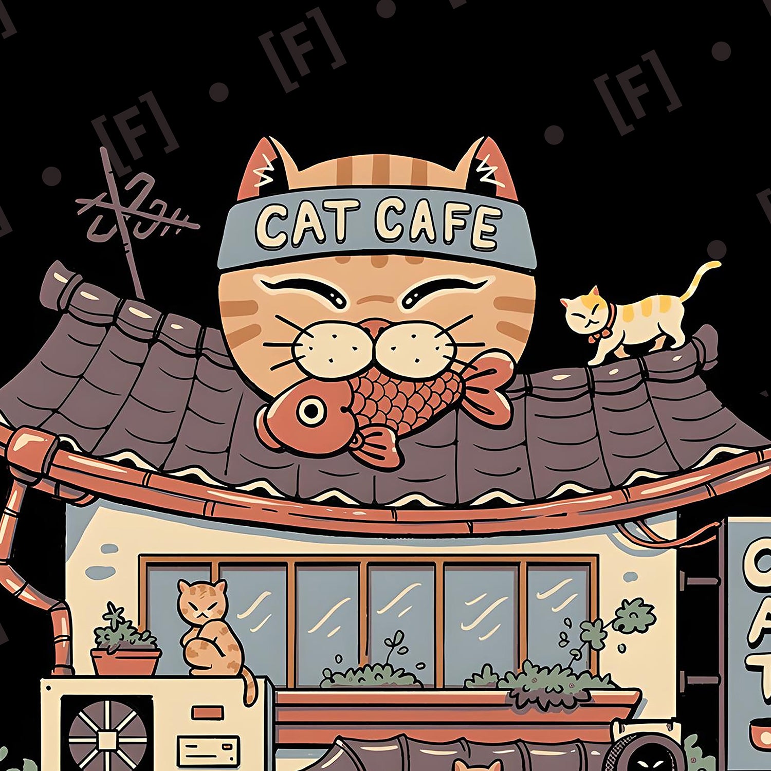 Cat Cafe Japanese art backpack close up View - FaceOff