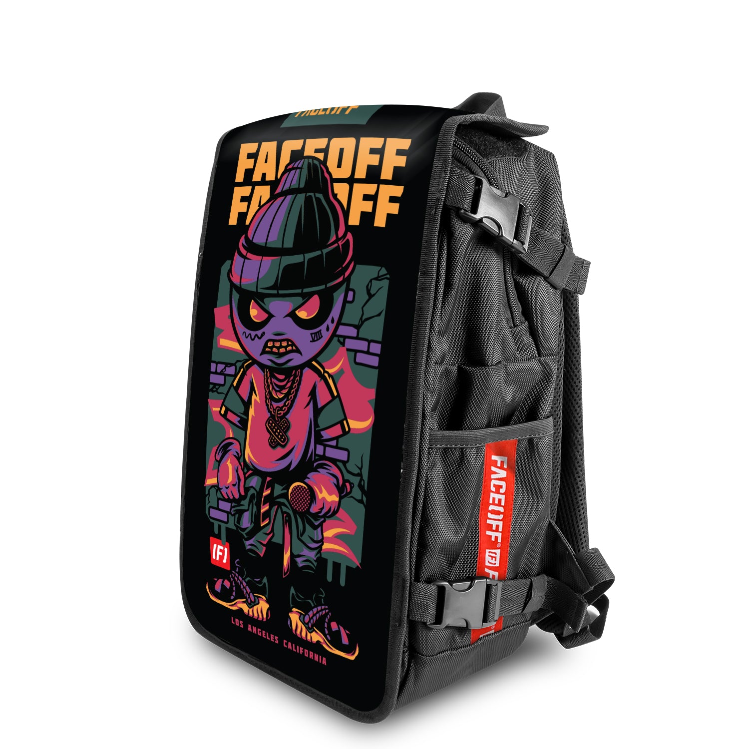 BeanieBrawler Shredder Skateboard backpack with swappable face angle view- FaceOff