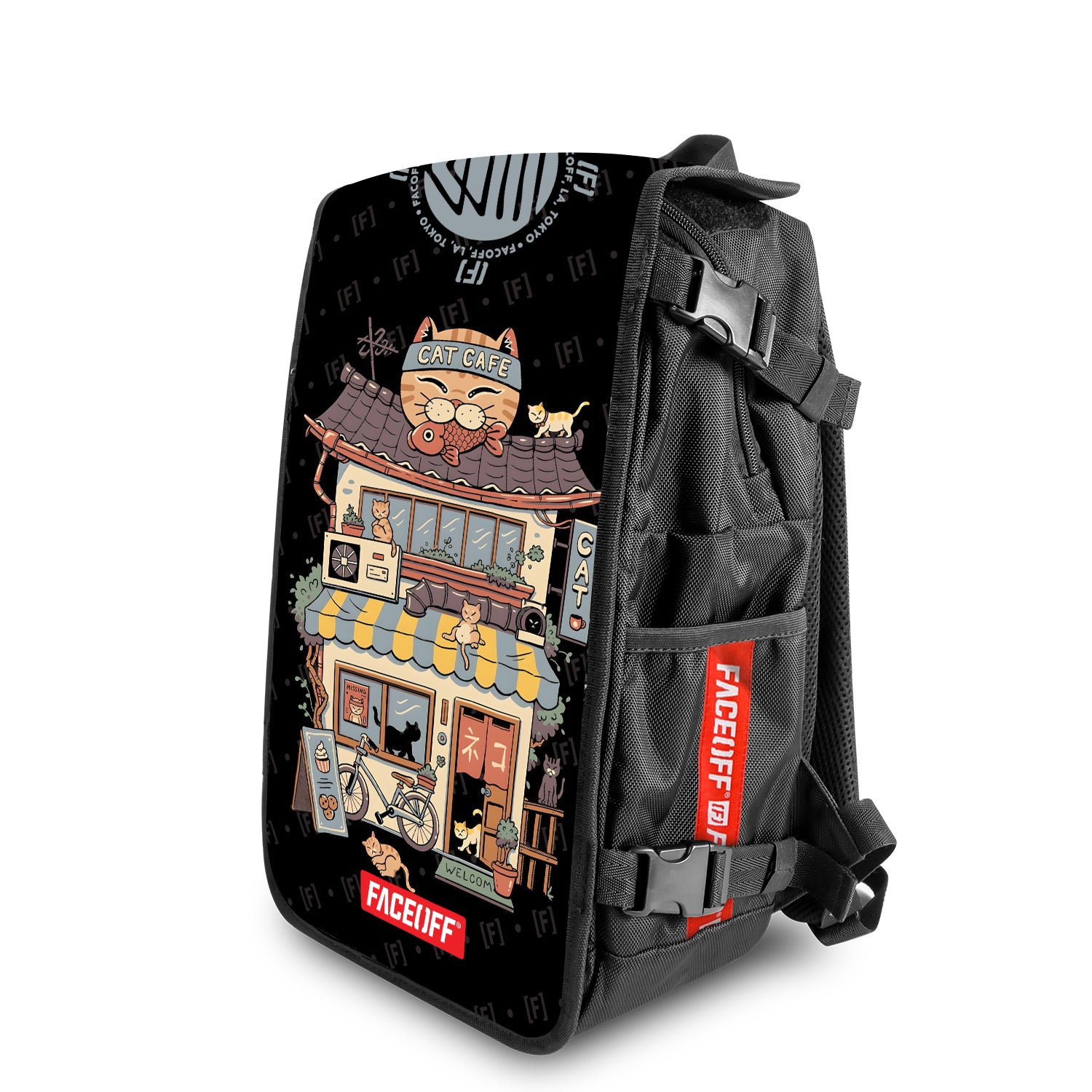 Cat Cafe Japanese art backpack Front Angle View - FaceOff