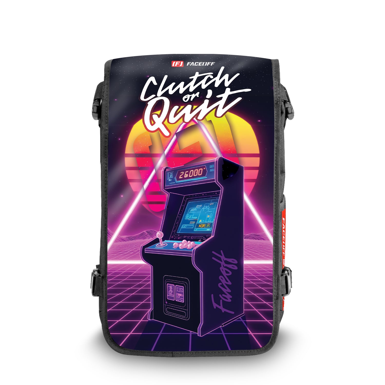 Clutch or quit Game On backpack with swappable face front view- FaceOff