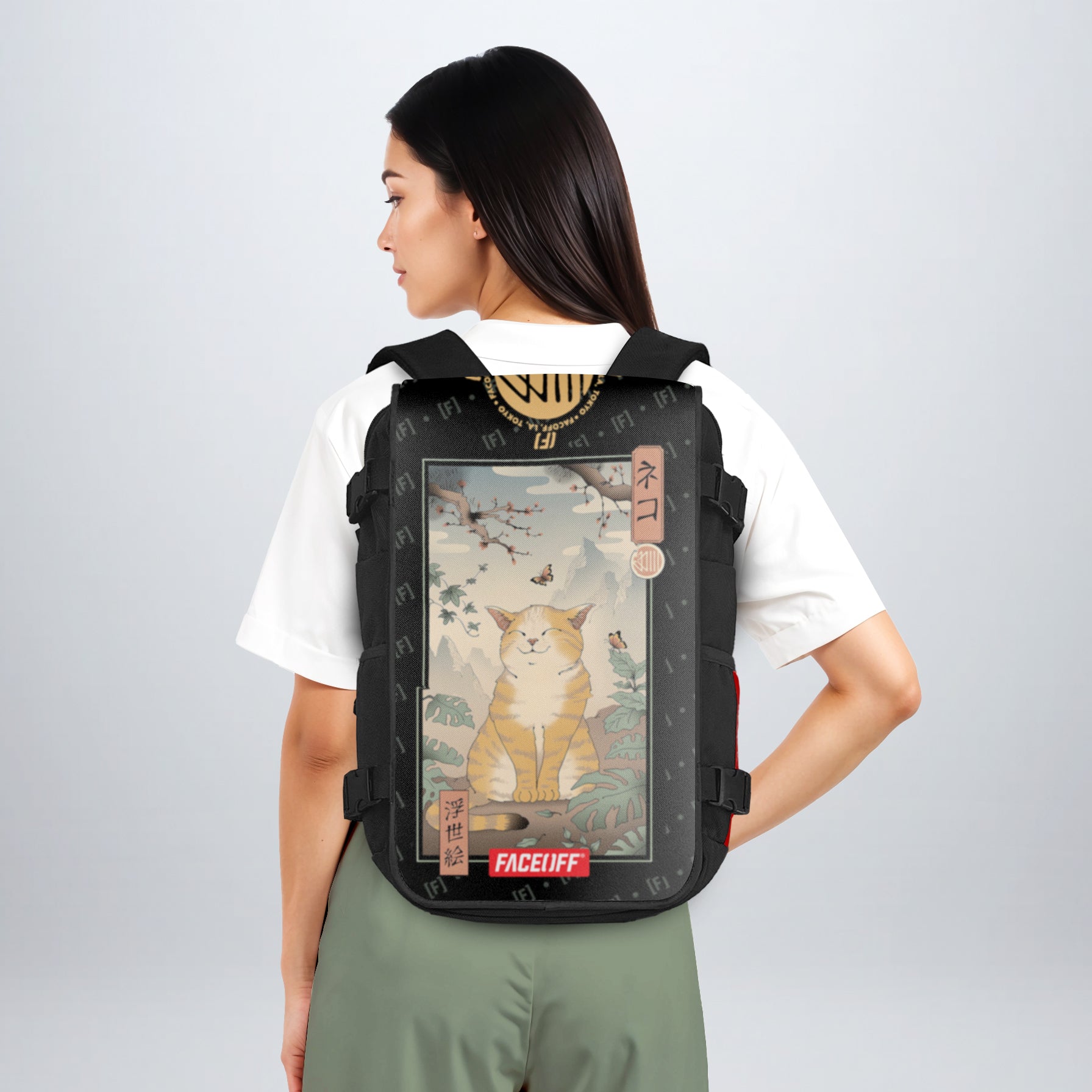 Edo Cat Japanese art backpack Front lifestyle female - FaceOff