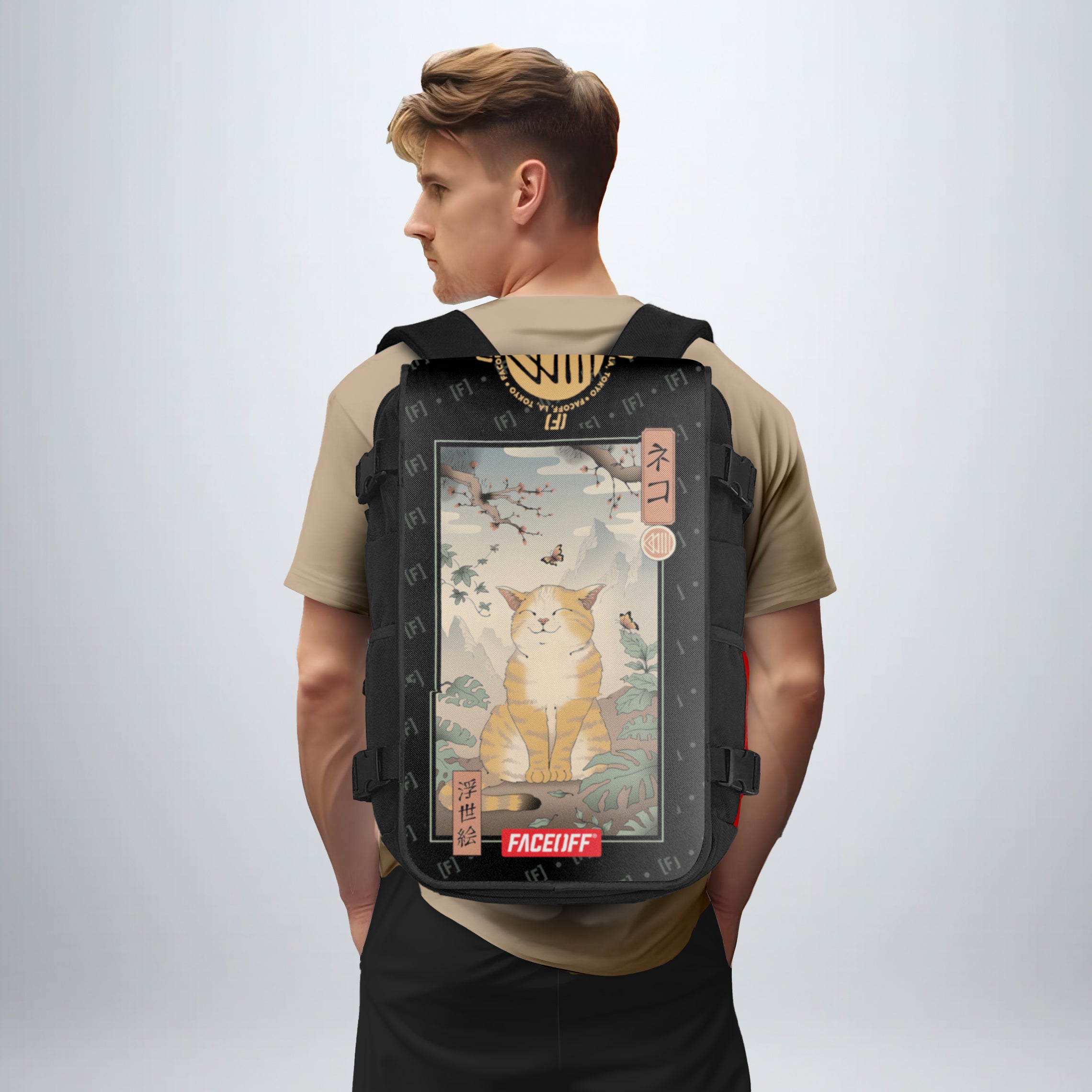 Edo Cat Japanese art backpack Front lifestyle male - FaceOff