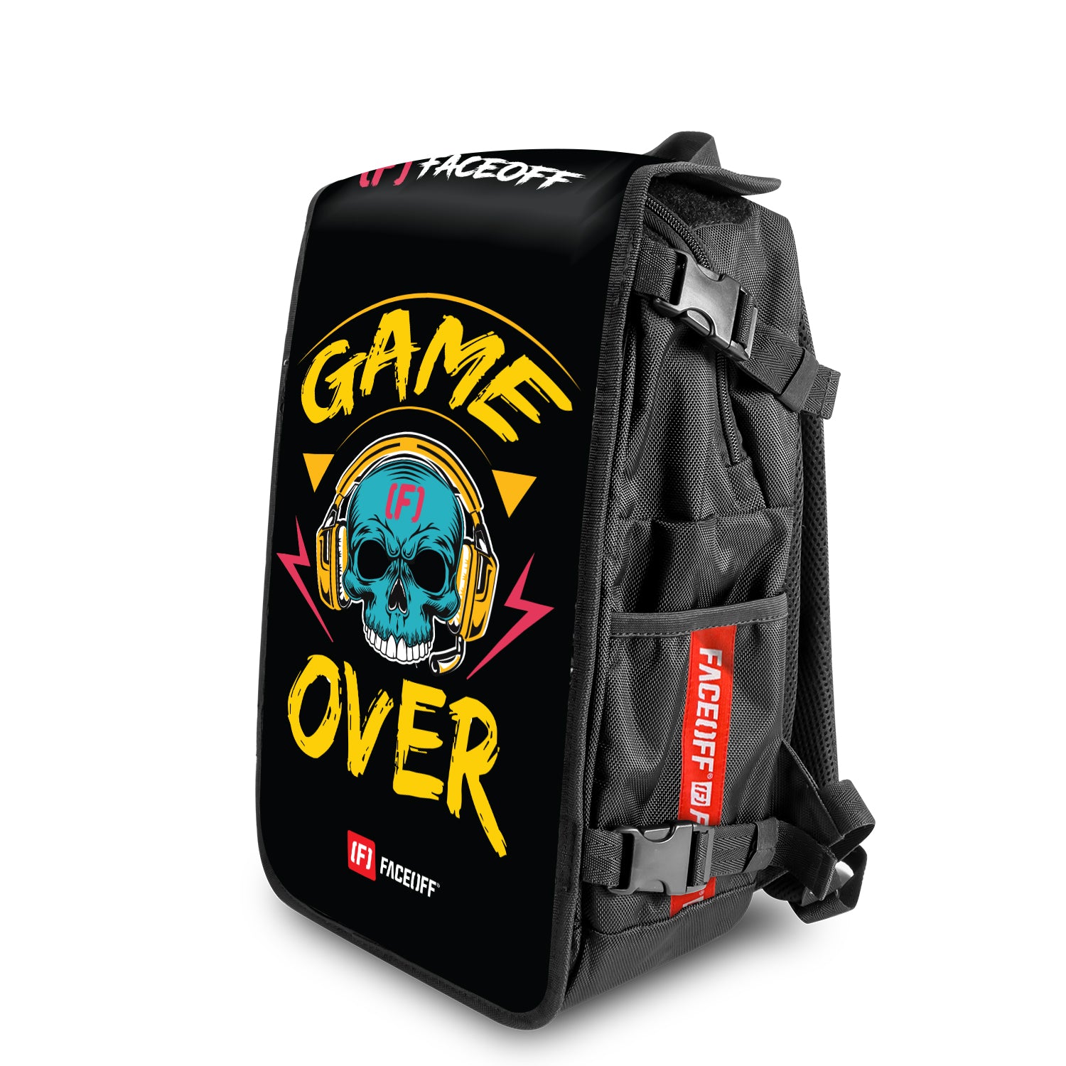 Game Over Game On backpack with swappable face Angle view- FaceOff