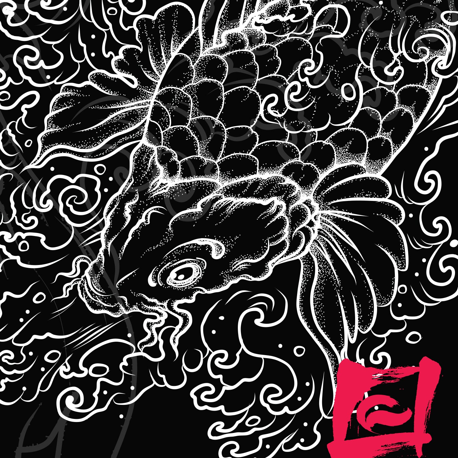 Koi Black Japanese art backpack close up - FaceOff