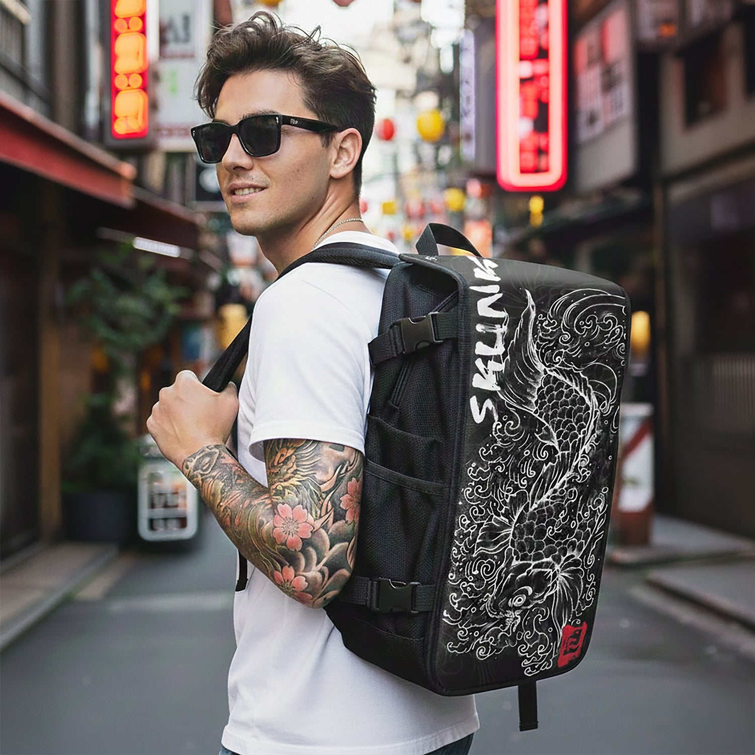 Koi Black Japanese art backpack Lifestyle - FaceOff