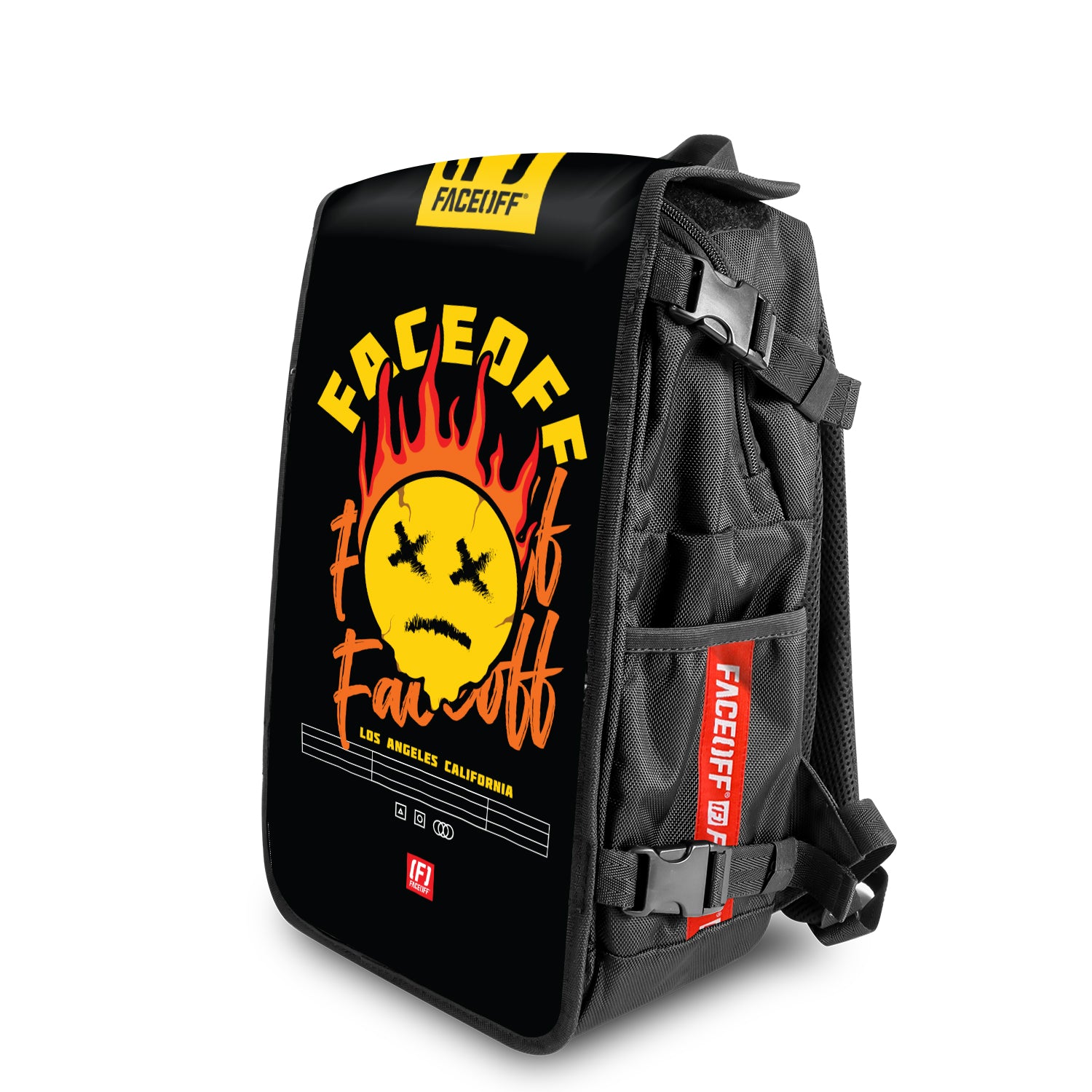 L.A. Scorch Shredder Skateboard backpack with swappable face angle view- FaceOff