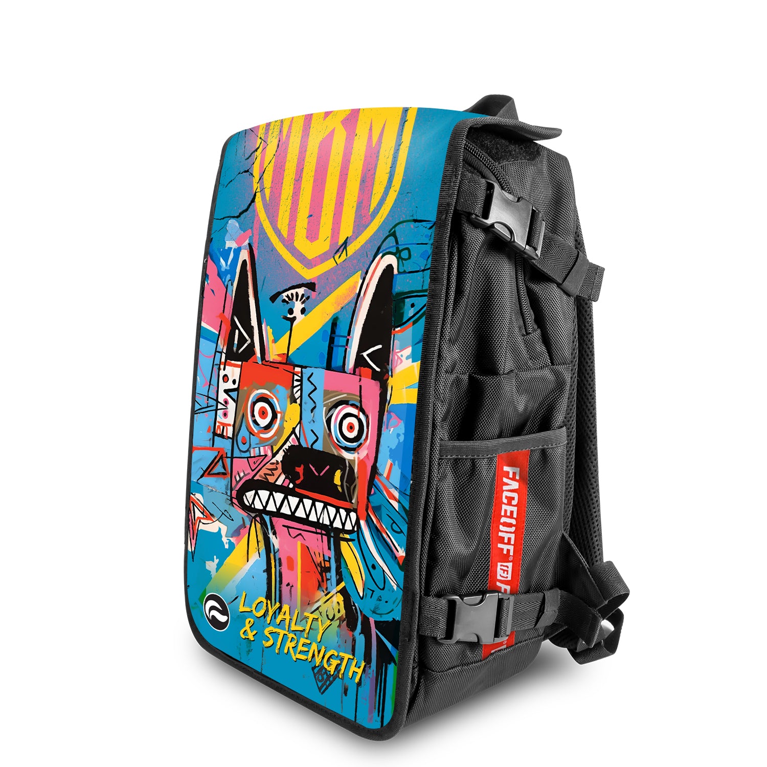 Dog Rainbow MBM Manboy Mafia backpack with bold positive design angle view – FaceOff