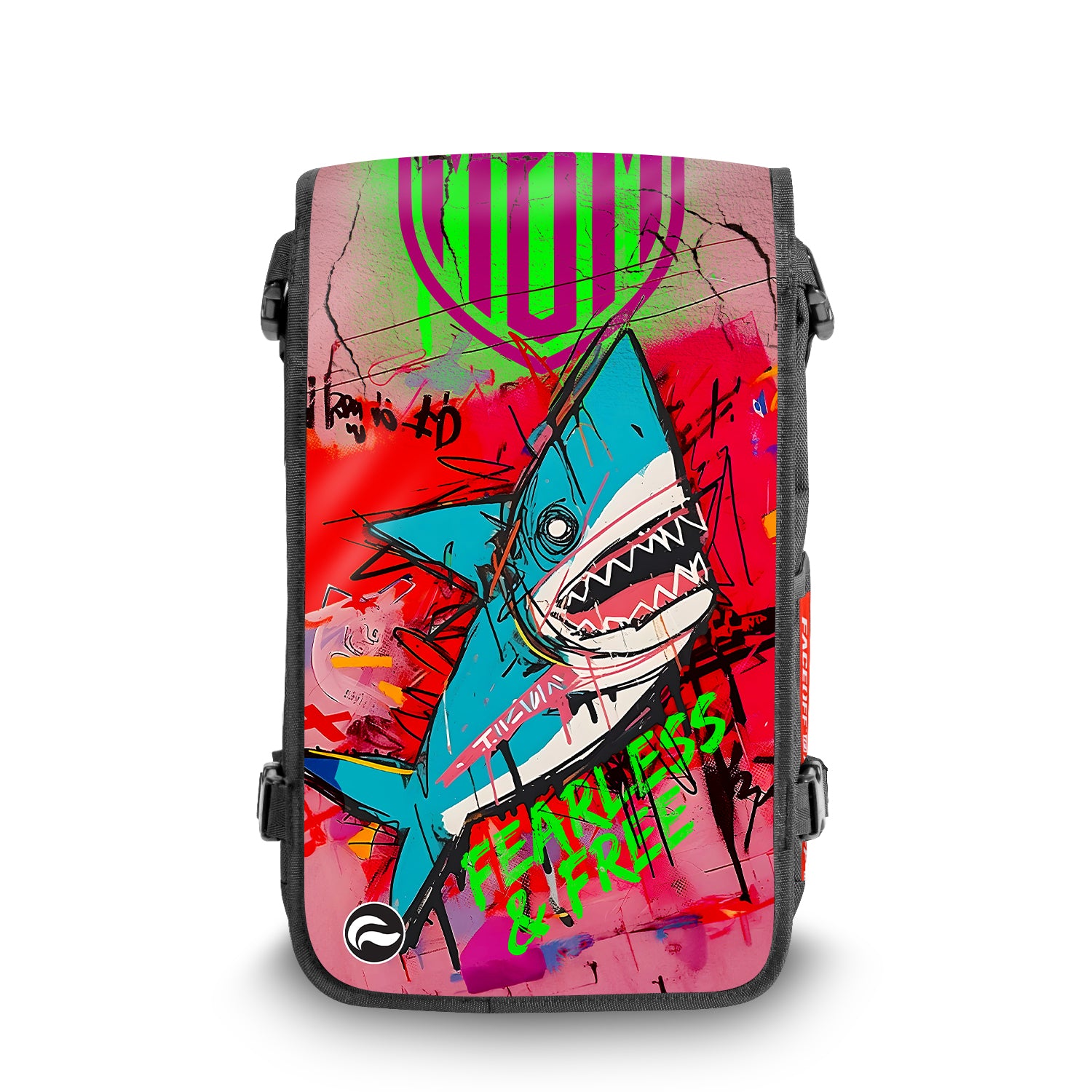 Shark MBM Manboy Mafia backpack with bold positive design front view – FaceOff