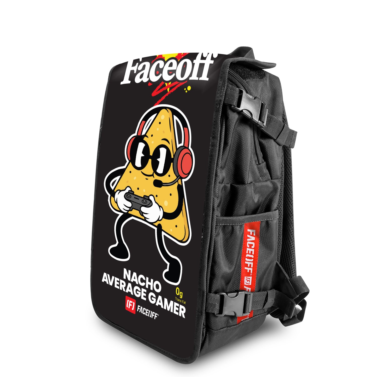 Nacho average gamer Clutch or quit Game On backpack with swappable face angle view- FaceOff