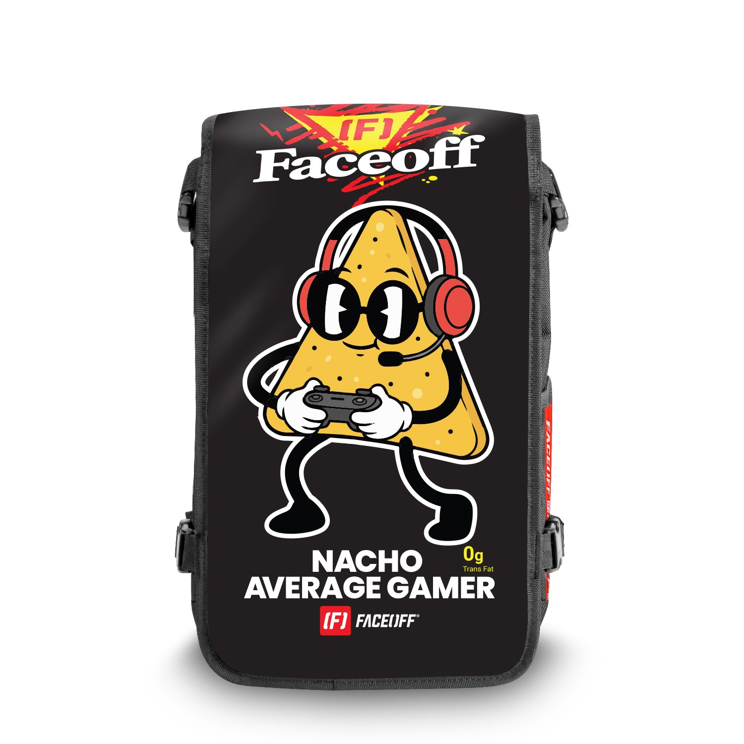 Nacho average gamer Clutch or quit Game On backpack with swappable face front view- FaceOff