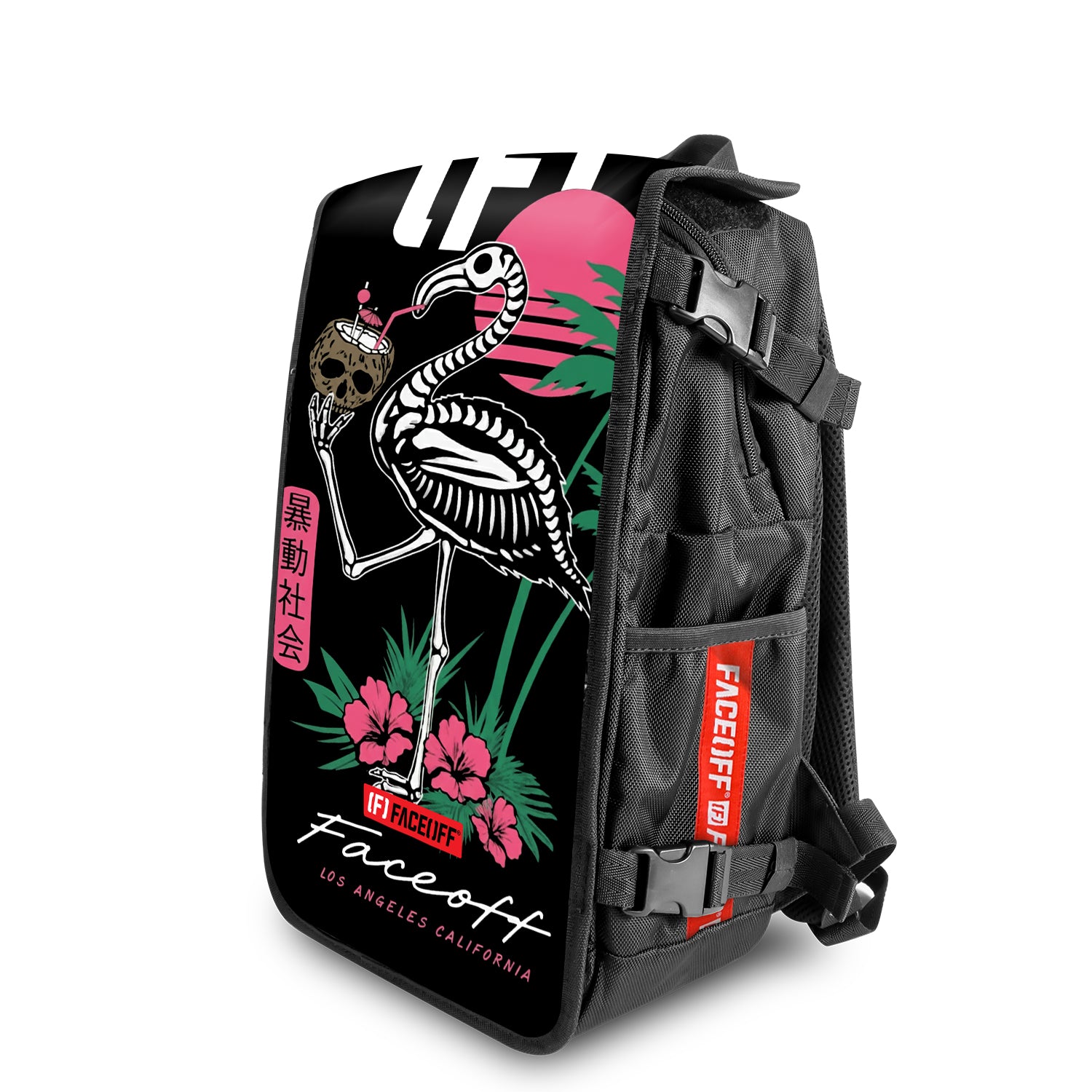 Pink Rattle skate backpack with swappable face Angle view- FaceOff