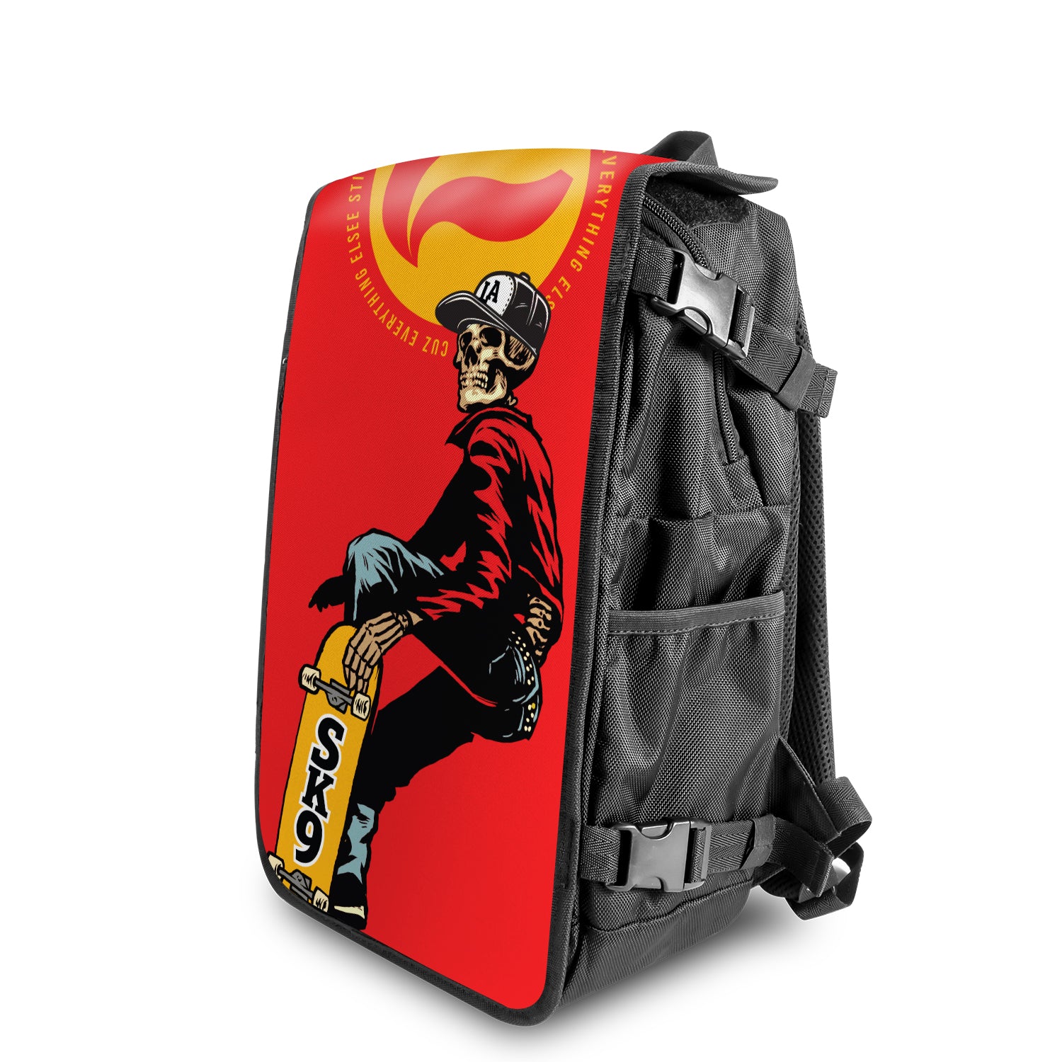 Red Sk9 Shredder Skateboard backpack with swappable face angle view- FaceOff