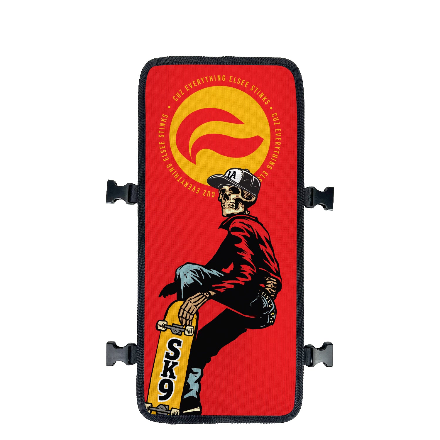 Red Sk9 Shredder Skateboard backpack with swappable face cover front view- FaceOff