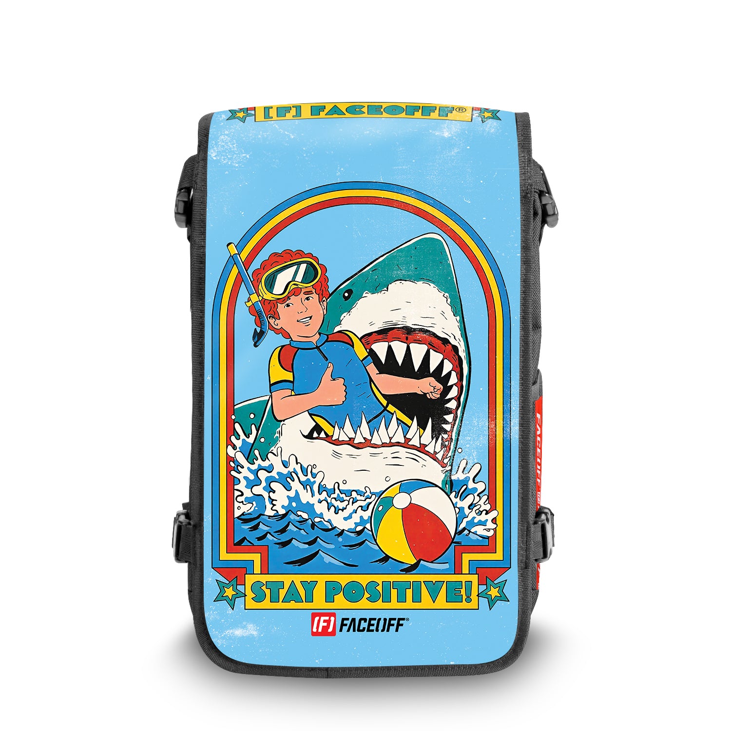Stay Positive Shredder Skateboard backpack with swappable face front view- FaceOff