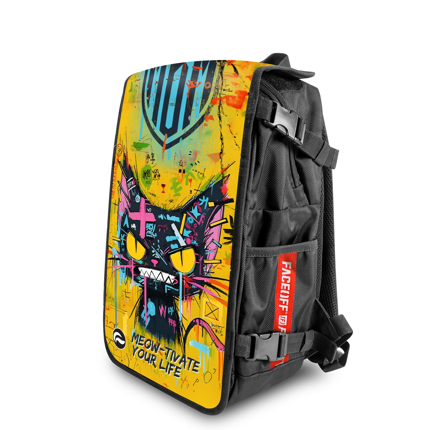 Urban Whiskers MBM Manboy Mafia backpack with bold positive design Angle view – FaceOff