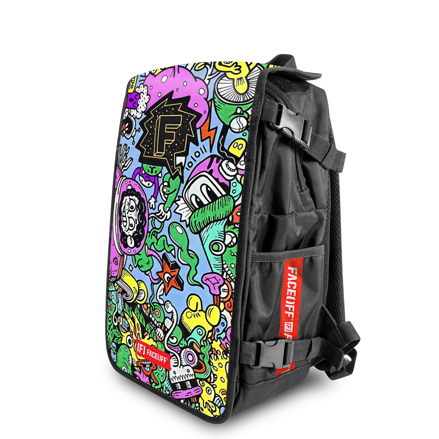 Brain Melt Shredder Skateboard backpack with swappable face angle view- FaceOff