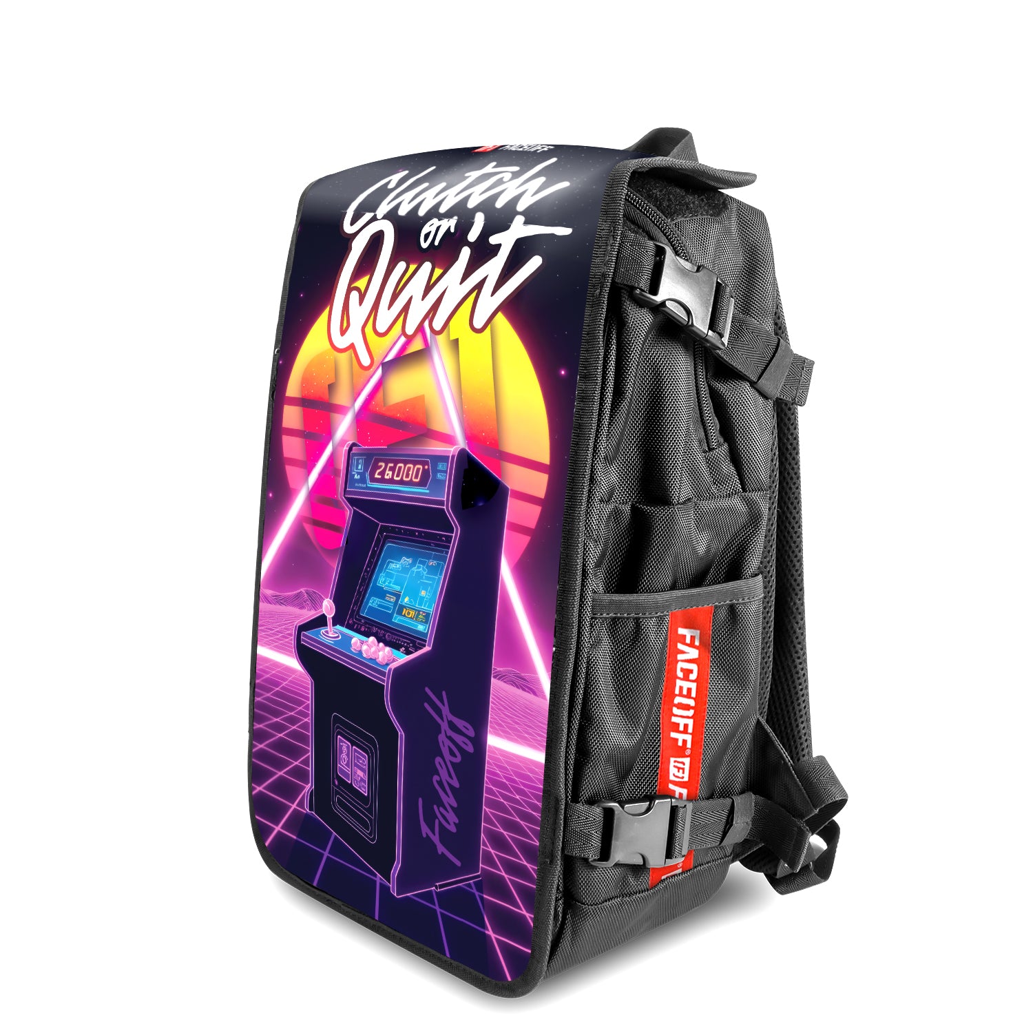Clutch or quit Game On backpack with swappable face agle view- FaceOff
