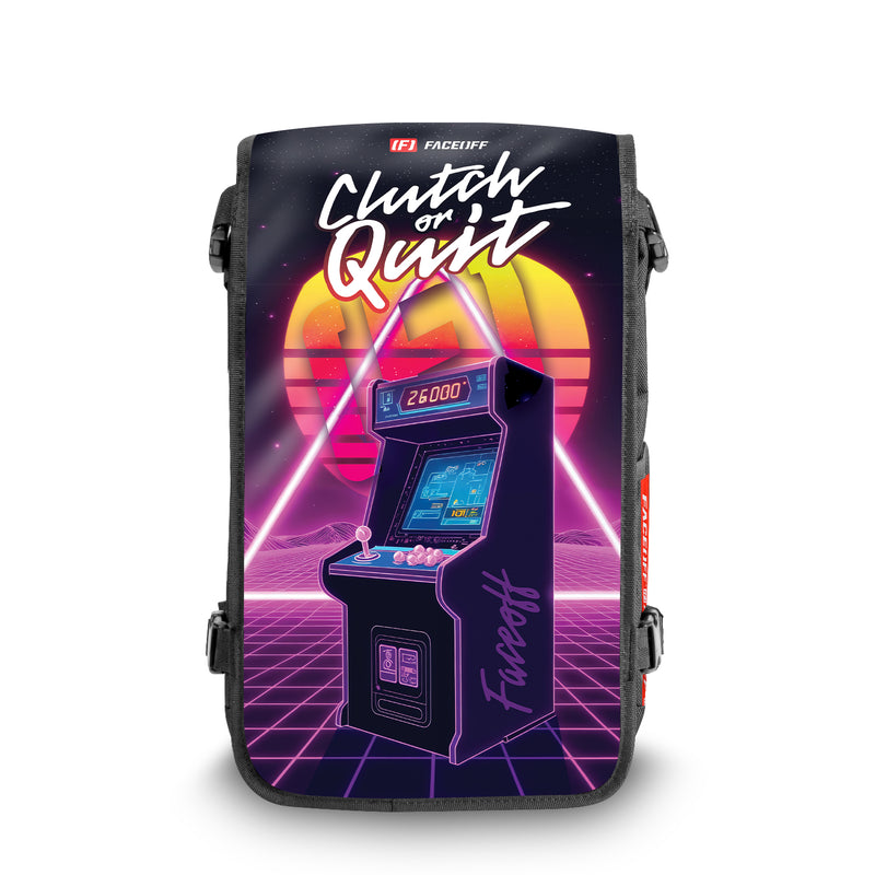Clutch or quit Game On backpack with swappable face front view- FaceOff