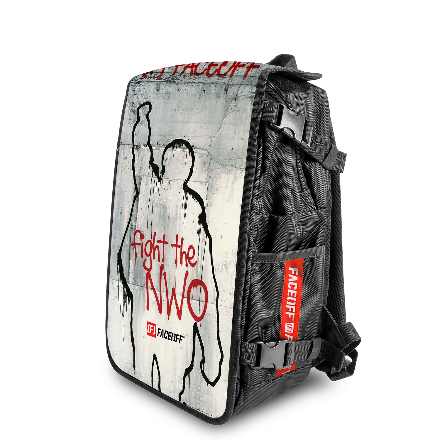 Fight The NWO street art backpack with Angle view – FaceOff