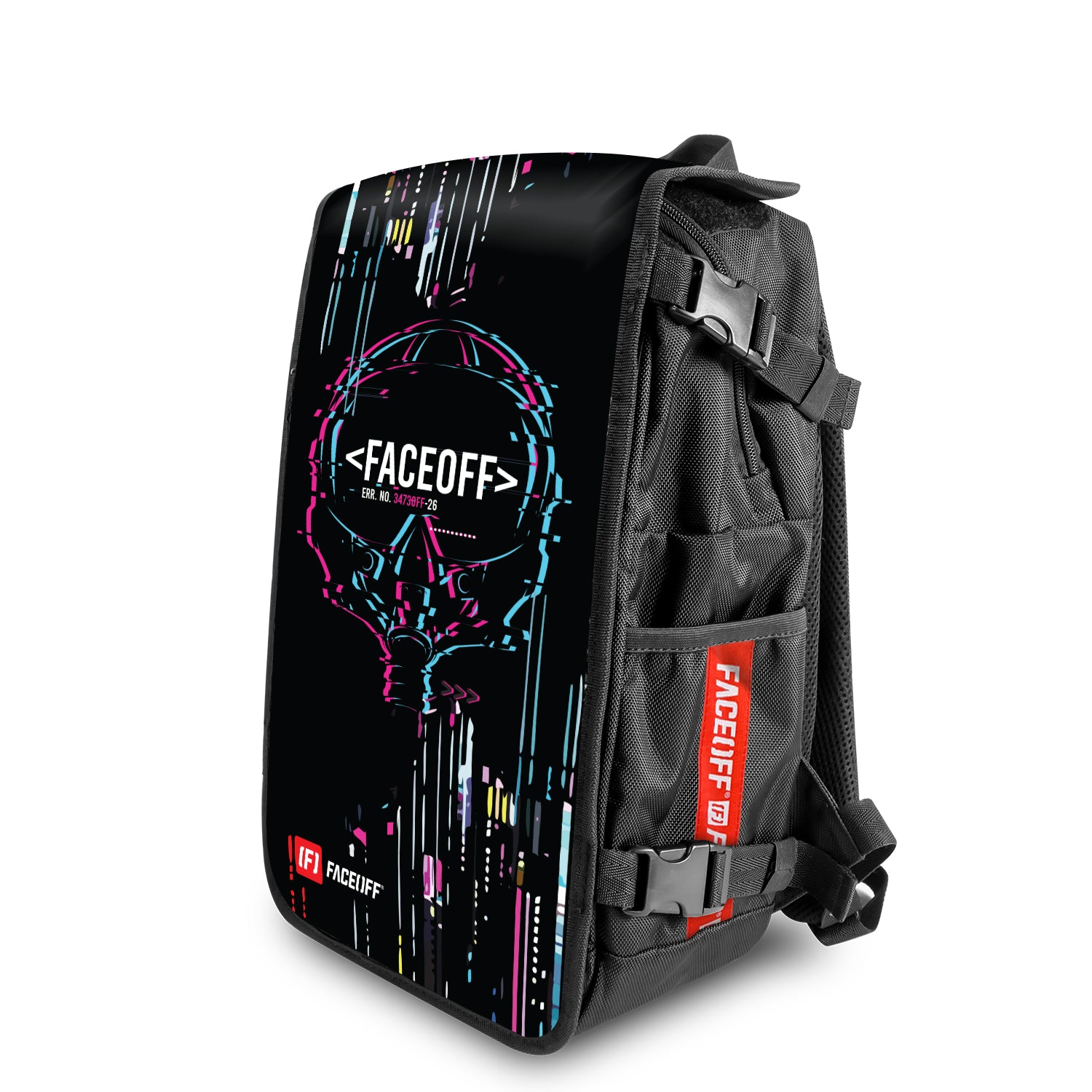 Glitch Pilot Game On backpack with swappable face angle view- FaceOff