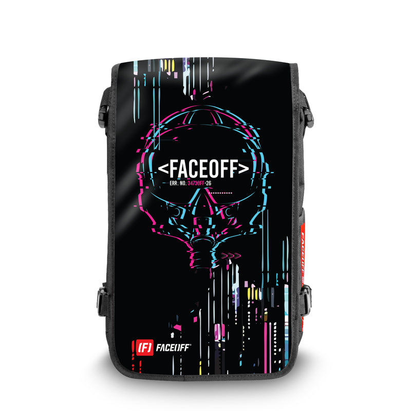 Glitch Pilot Game On backpack with swappable face Front view- FaceOff