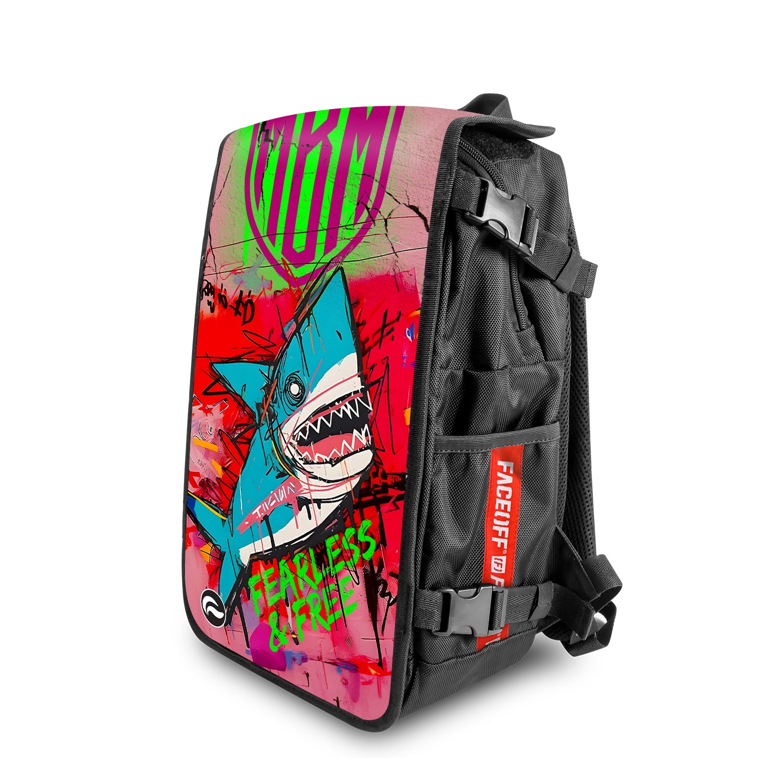 Shark MBM Manboy Mafia backpack with bold positive design angle view – FaceOff
