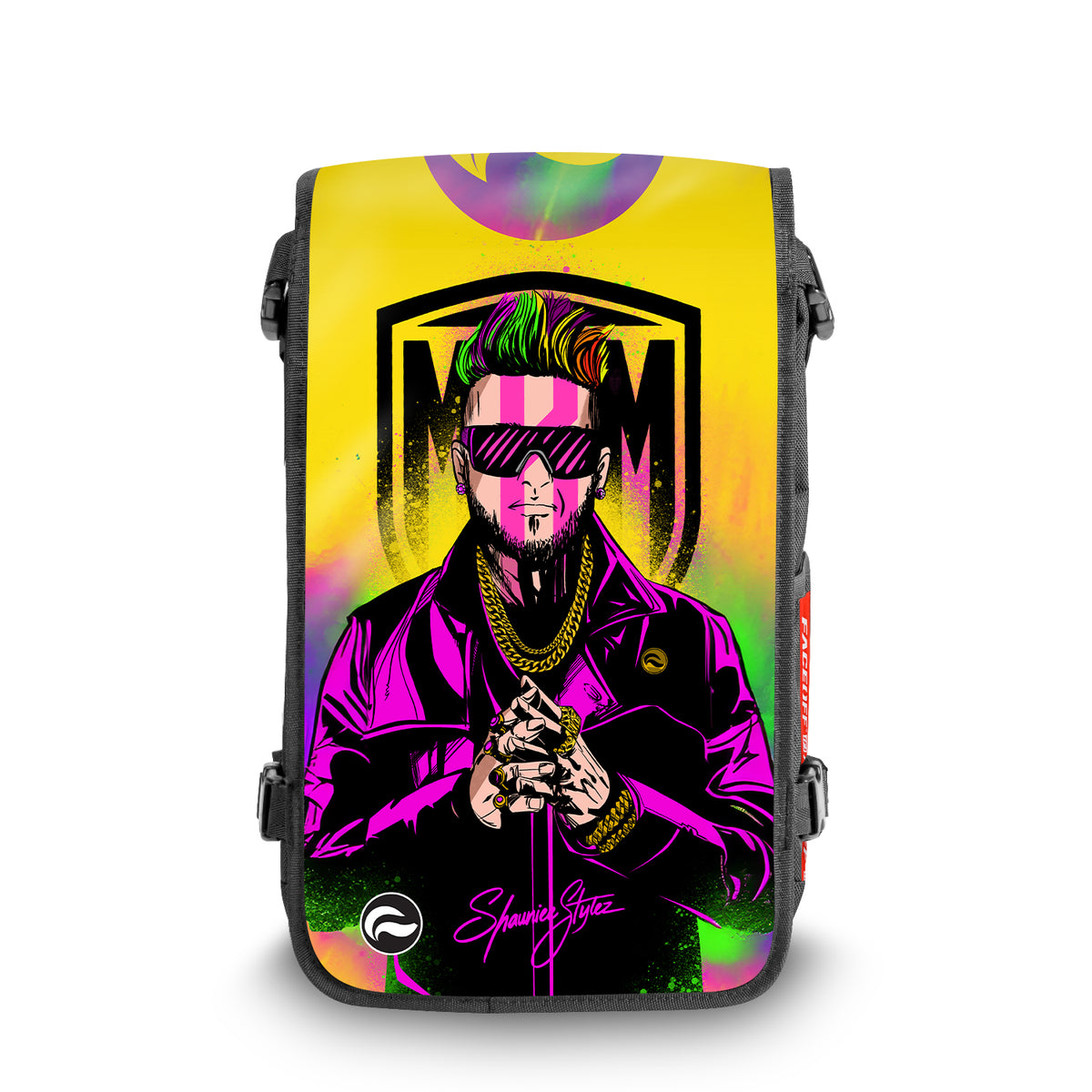 Shauniee Styles Rainbow MBM Manboy Mafia backpack with bold positive design front view – FaceOff