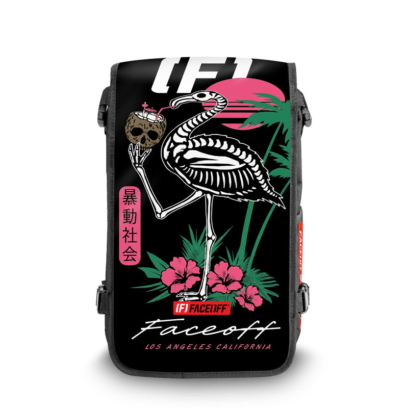 Pink Rattle skate backpack with swappable face Front view- FaceOff