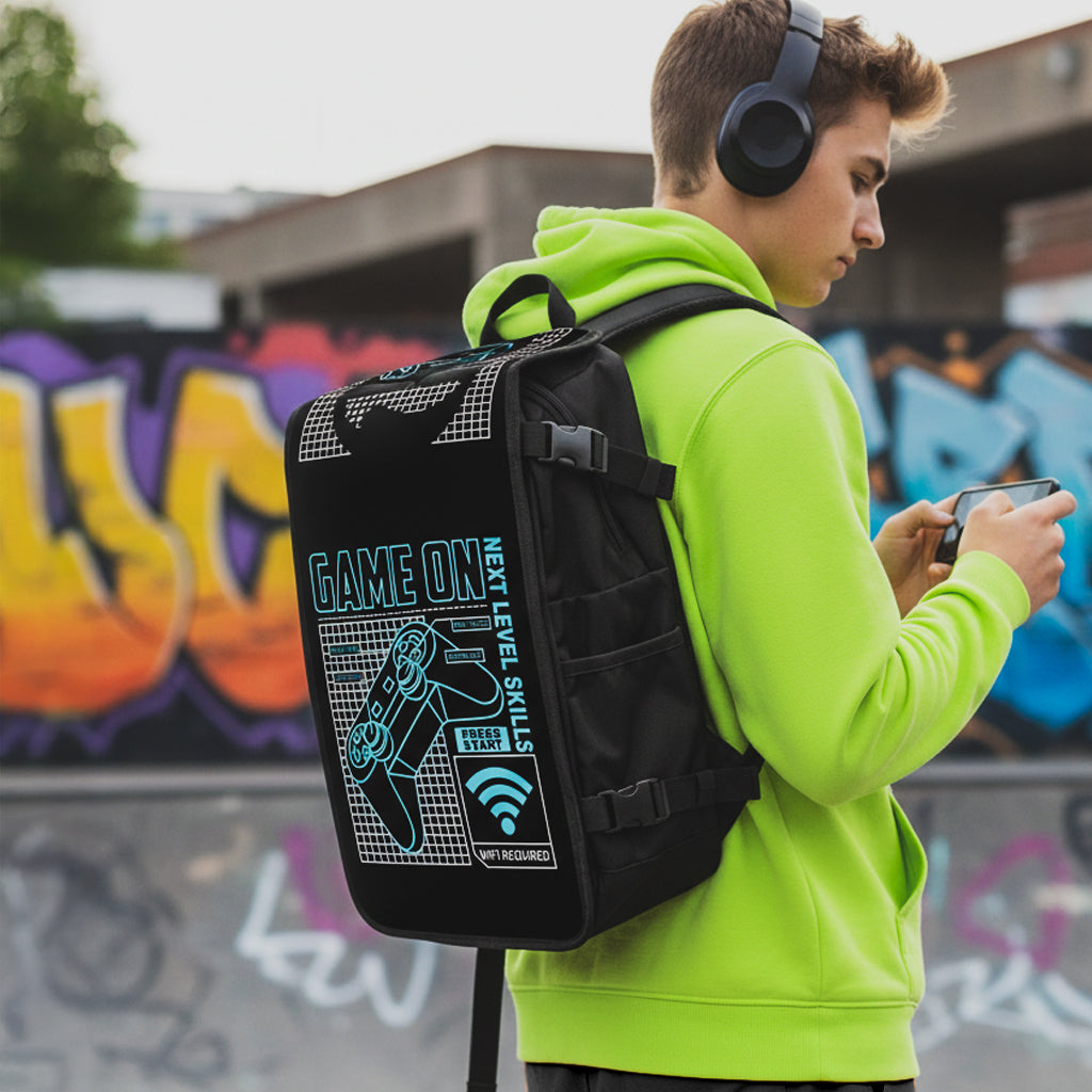 Press Start Game On backpack with swappable face front view- FaceOff