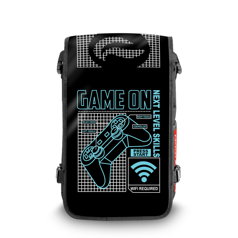 Press Start Game On backpack with swappable face front view- FaceOff
