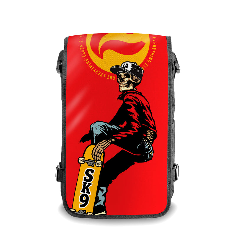 Red Sk9 Shredder Skateboard backpack with swappable face front view- FaceOff