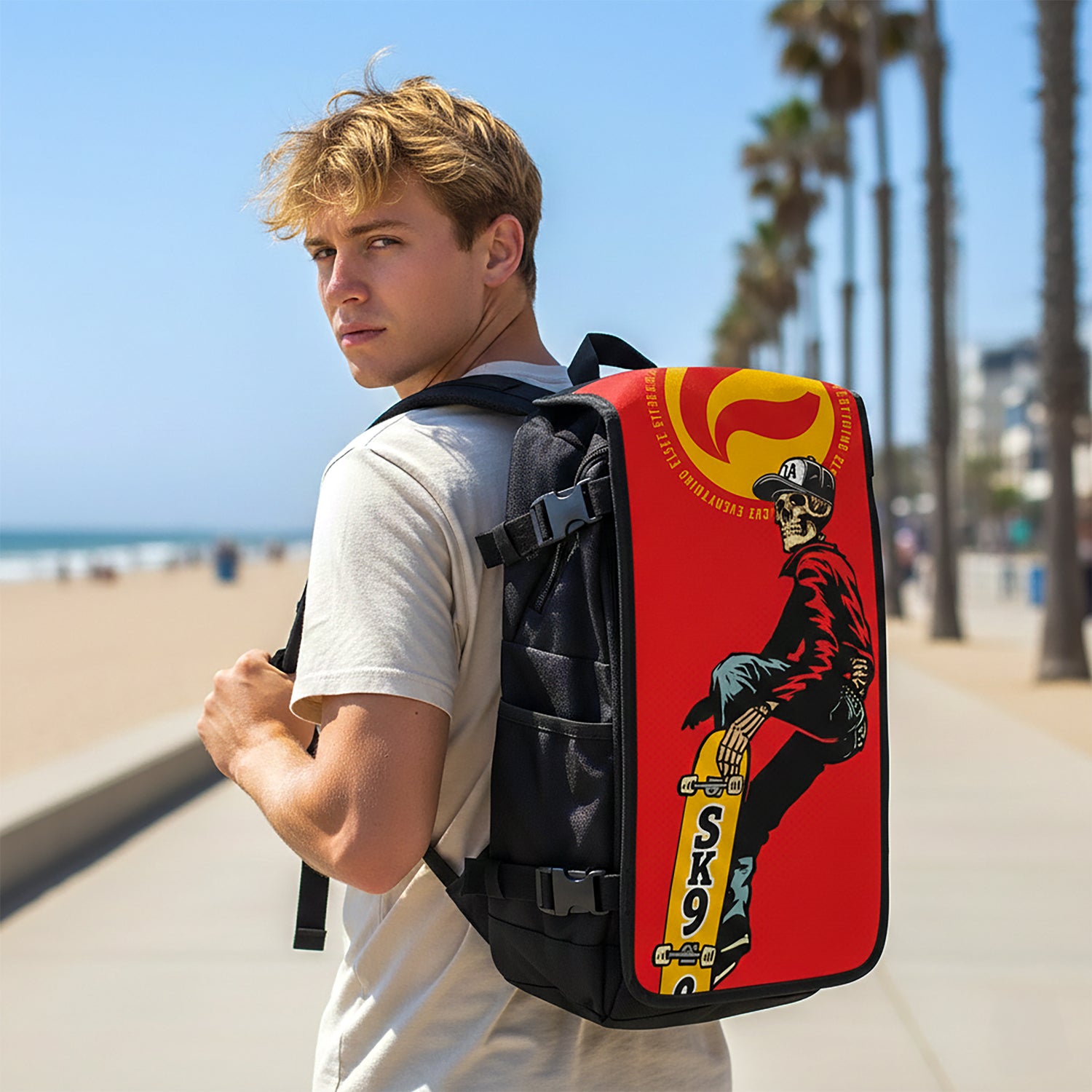 Red SK9 street art backpack flifestyle view – FaceOff