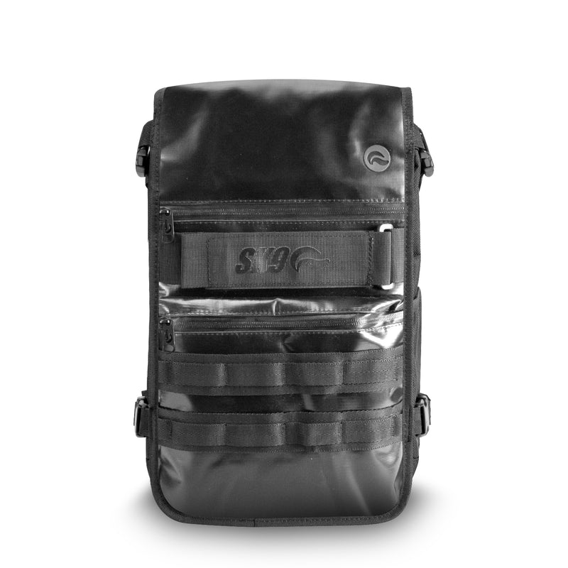 Standard Black utility face cover with minimalist tactical design backpack front view – FaceOff