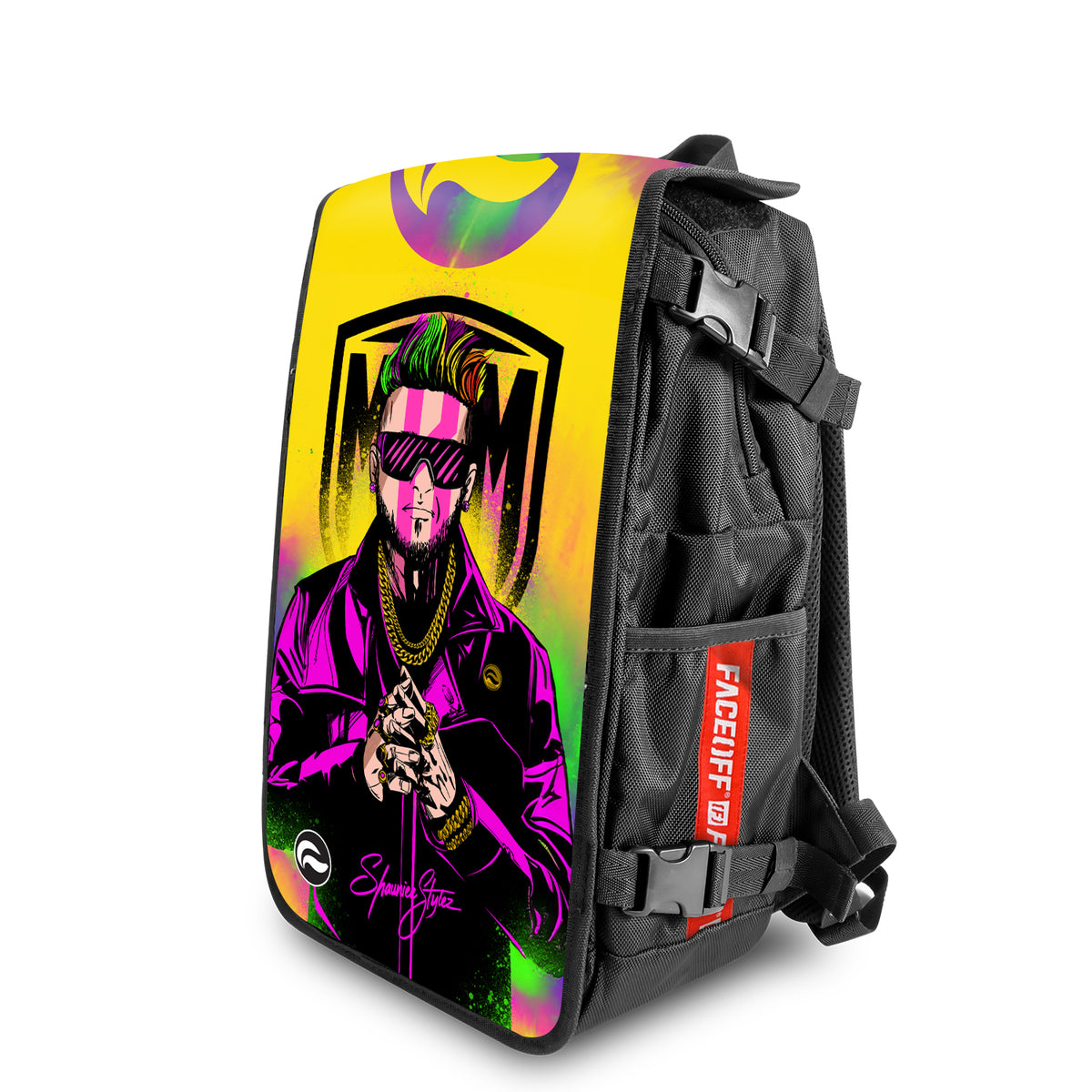 Shauniee Styles Rainbow MBM Manboy Mafia backpack with bold positive design angle view – FaceOff