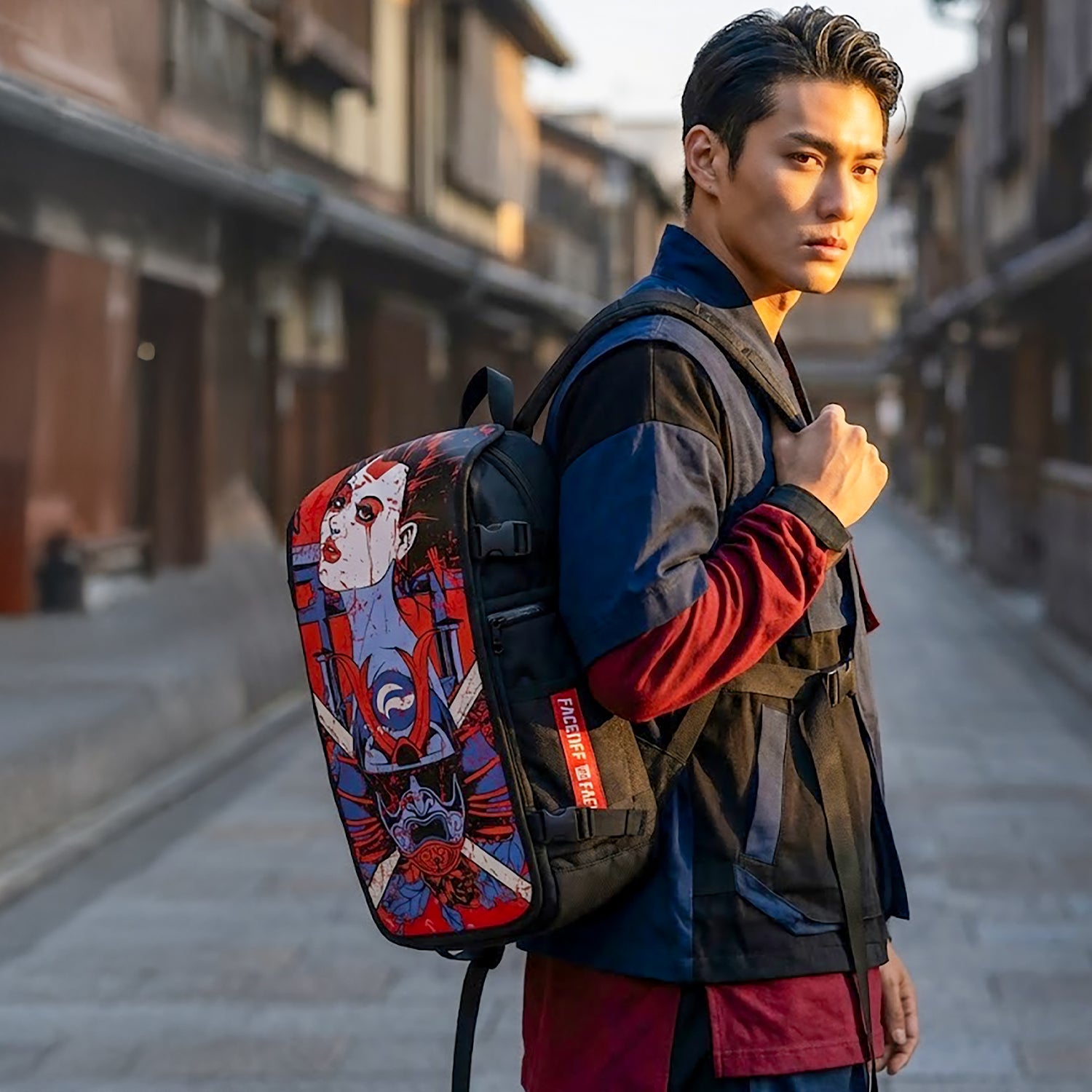 Traditional Japanese art backpacks featuring koi fish, waves, samurai &amp; cherry blossoms—premium quality with swappable face cover designs.