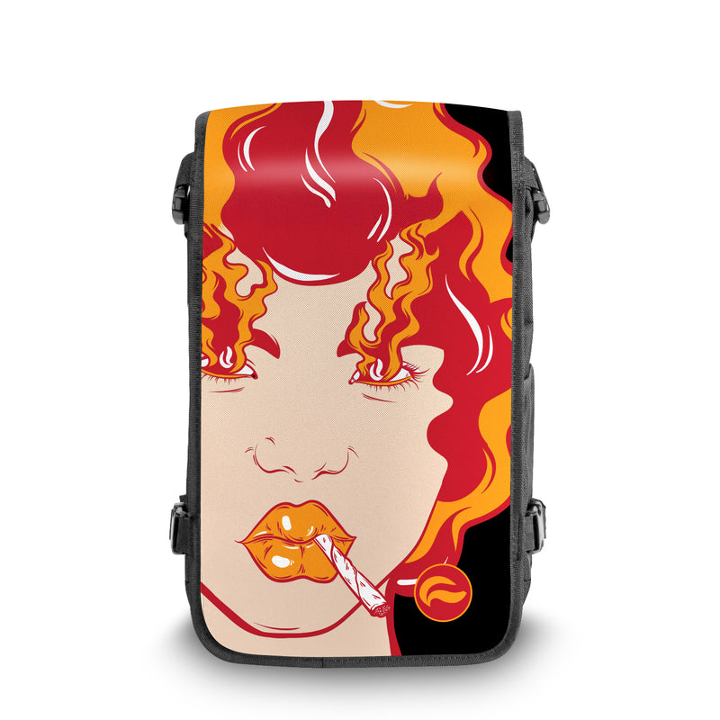 Girl on Fire street art backpack with front view – FaceOff