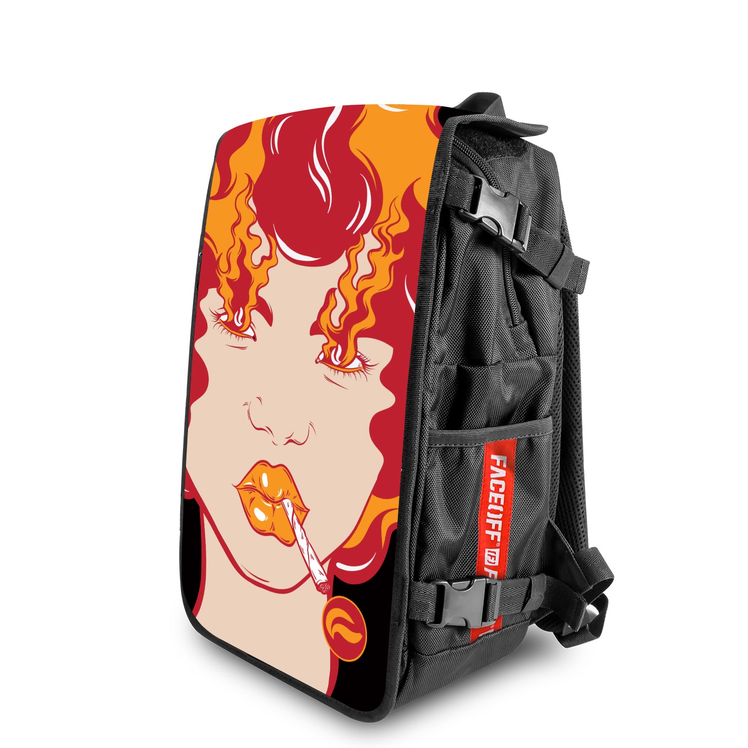 Girl on Fire street art backpack with angle
view – FaceOff